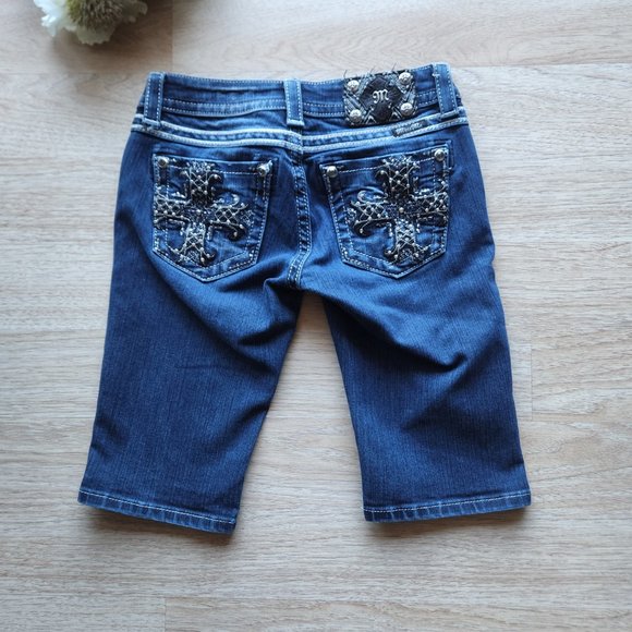 Miss Me Signature Bermuda Embellishing Jean Shorts Zip Blue-Silver - Picture 1 of 7